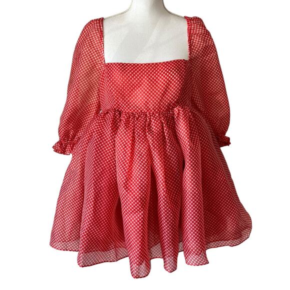 Selkie The Baby Gingham Puff Dress Sleeve Check Red Mini Princess Size L - Picture 3 of 10